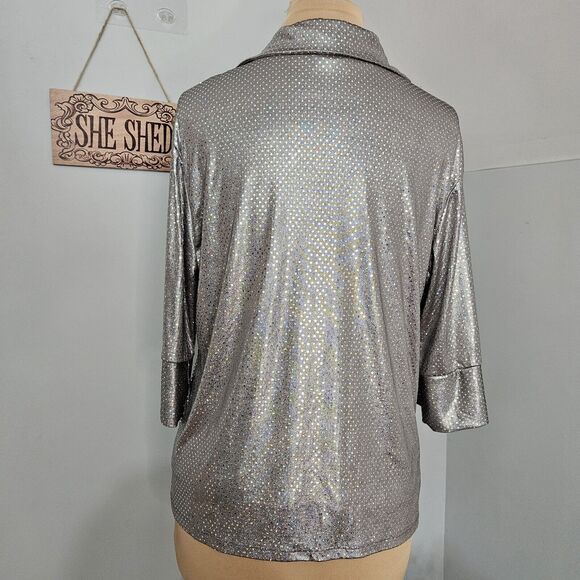Silver Metallic Button Up Shirt Over Tank Top Womens Medium Holiday Festive - Picture 4 of 11